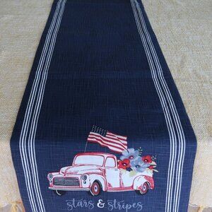 Patriotic Cotton Navy & White Striped Table Runner Flag Pickup Truck